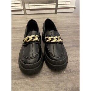 Qupid Black Patent Chunky Chain Loafers Lug Sole Platform Gold Link Size 10